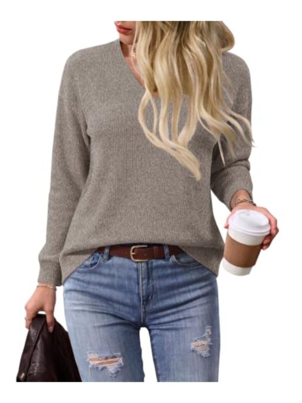 MISFAY Women's Lightweight V-Neck Knit Sweater Long Sleeve Pullover Top
